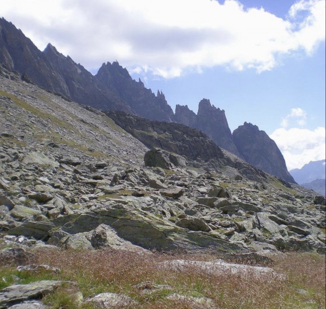 Blick von Westen her zu den Westgrattuermen des Salbitschijen mit der Gipfelnadel